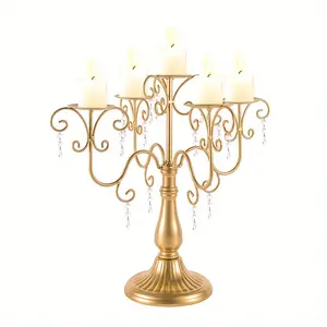 Crystal Beaded Candle Holder, Metal Five-Arm Pillar Candlestick Set, 15.3" Dining Table Centerpiece Candelabra for Weddings, Parties, Events, Halloween & Christmas Decor