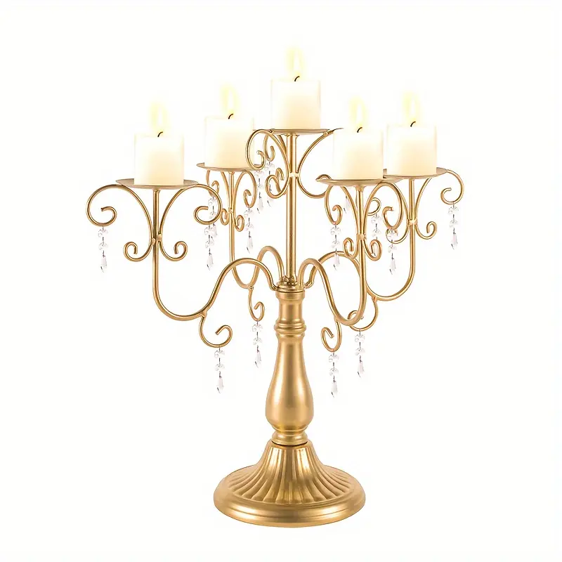 Crystal Beaded Candle Holder, Metal Five-Arm Pillar Candlestick Set, 15.3" Dining Table Centerpiece Candelabra for Weddings, Parties, Events, Halloween & Christmas Decor