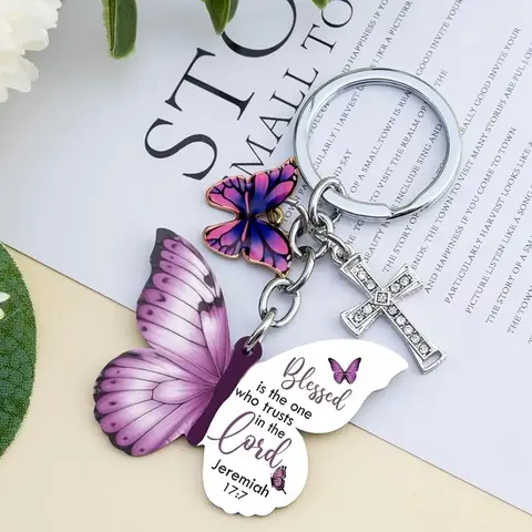 Butterfly Keychain, Christian Keychain with Cross Bible Verse, Butterfly Wallet Charm, Religious Gift for Women, Inspirational Gift, Stylish Keychain, Aesthetic Keychain, Key Rings