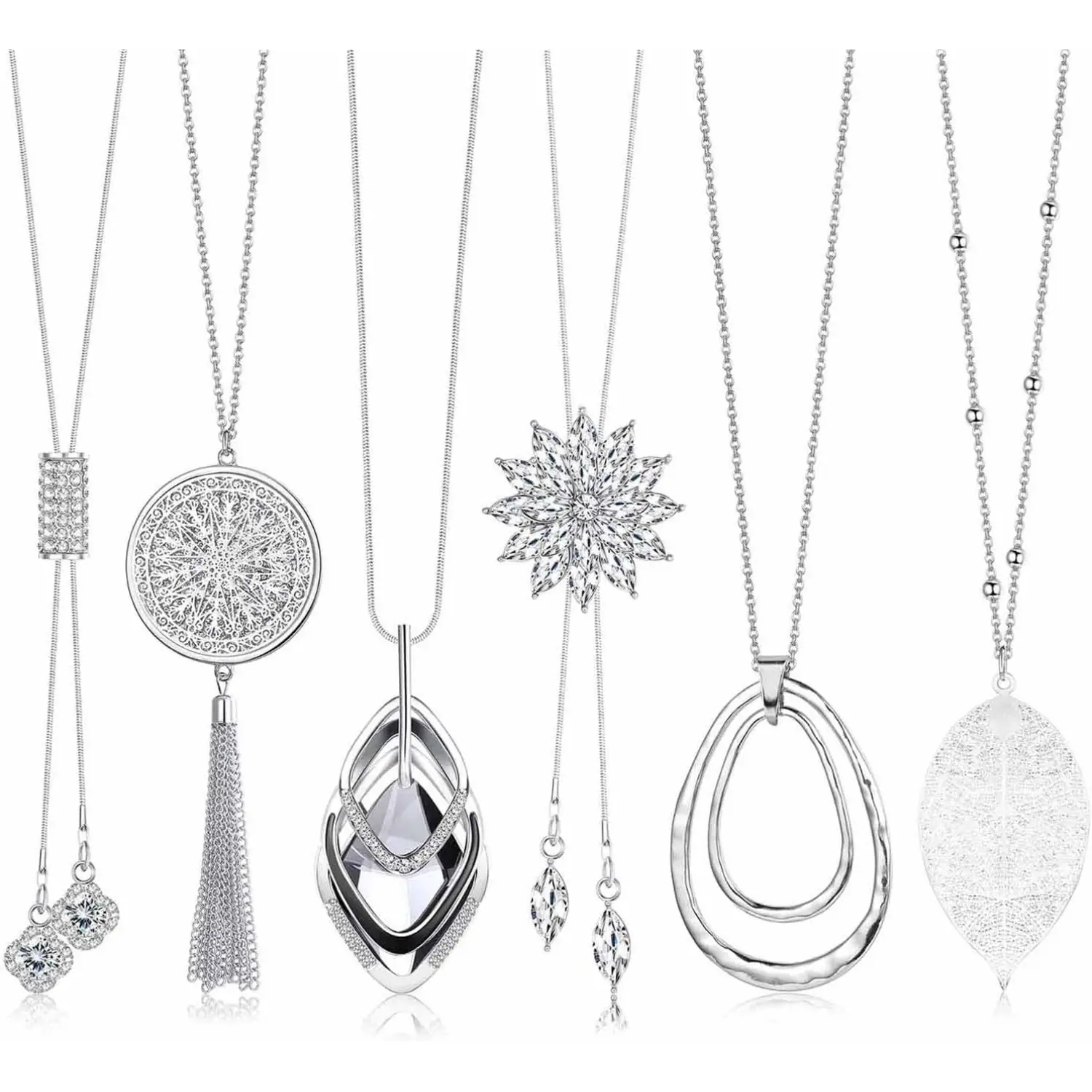 Jstyle Women's 6Pcs Long Pendant Necklace Set - Silver Flower Tassel, Disk, Leaf, Y Necklaces with Bling, Rhinestone Fashion Costume Jewelry, Bling Necklace, Rhinestone Necklace