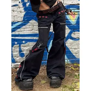 Women's Gothic Star Print Loose Fit Jeans with Contrasting Black Ribbons  Machine Washable Fabric Womenswear Bottom Polyester Distressed High Waist Denim Pocket