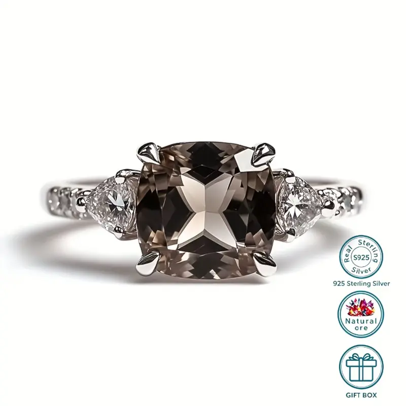 S925 Sterling Silver Smoky Quartz Ring for Women, Elegant 3 Carat Emerald Cut Gemstone with Halo Pave Band, 3 Carats, 3-Carat Natural Smoky Quartz