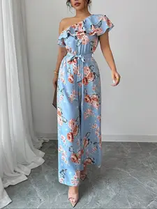 Women's One Shoulder Ruffled Floral Print Romper, Ruffle Sleeveless Wide Leg Summer Set, Casual Daily Wear, Fitted Elegant Fashion, Feminine, Womenswear