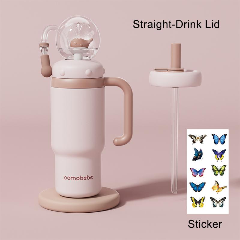 【COMOBEBE】24oz Stainless Steel Whale Fountain Tumbler with Handle – Two Lids, Spill-Proof, Dishwasher Safe, Cute & Perfect for Teens, and Adults Water Bottles Sturdy Drinkware Flasks