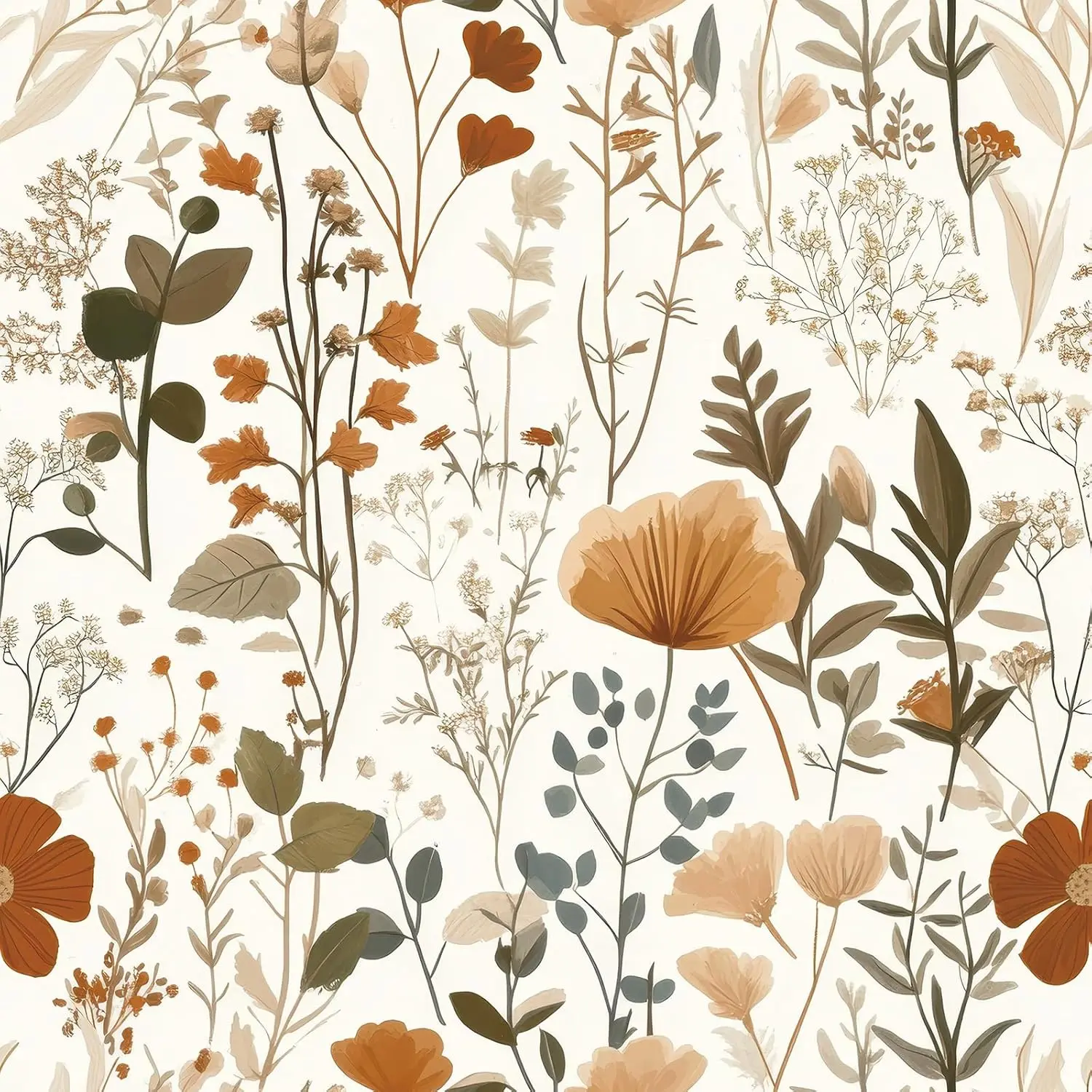 Stickyart Peel and Stick Dried Floral Wallpaper, 17.5 inches x 276 inches Renter Friendly Moisture-Proof Non-Fading Modern Cottage Core Boho Brown Cream Wildflower Leaf Contact Paper for Bedroom, Laundry Room