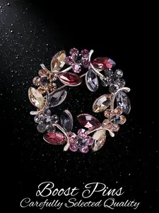 Rose Gold Tone Purple Pink Crystal Wreath Brooch for Women, Sparkling Rhinestone Flower Leaf Pin, Elegant Alloy Lapel Pin, Fashion Jewelry for Coat Dress Scarf, Birthday Gift for Her