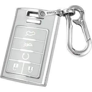 for Cadillac 2006-2014 CTS DTS Escalade SRX STS Impala Carlo Key fob Cover with Metal Keychain,Soft TPU Protector Key Case,Compatible with Keyless Remote Smart Key(White Silver)