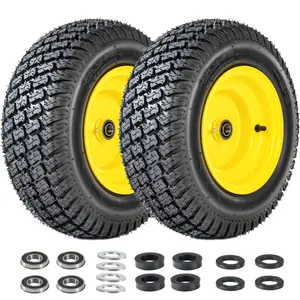 2-Pack 16x6.50-8 Tubeless Lawn Mower Tire & Wheel Assembly, 4-Ply Turf Tread Replacement, 3" Offset Hub with 3/4" Bearings, Yellow Steel Rim for Lawn Tractors, 620 lbs Capacity
