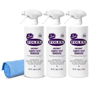 FOLEX Instant Carpet Spot Remover 32 oz – Powerful Stain Remover for Carpets, Upholstery & Rugs – Eliminates Pet Stains, Grease, Red Wine, Food, Makeup & More – With Reusable Cleaning Cloth – 3 Pack