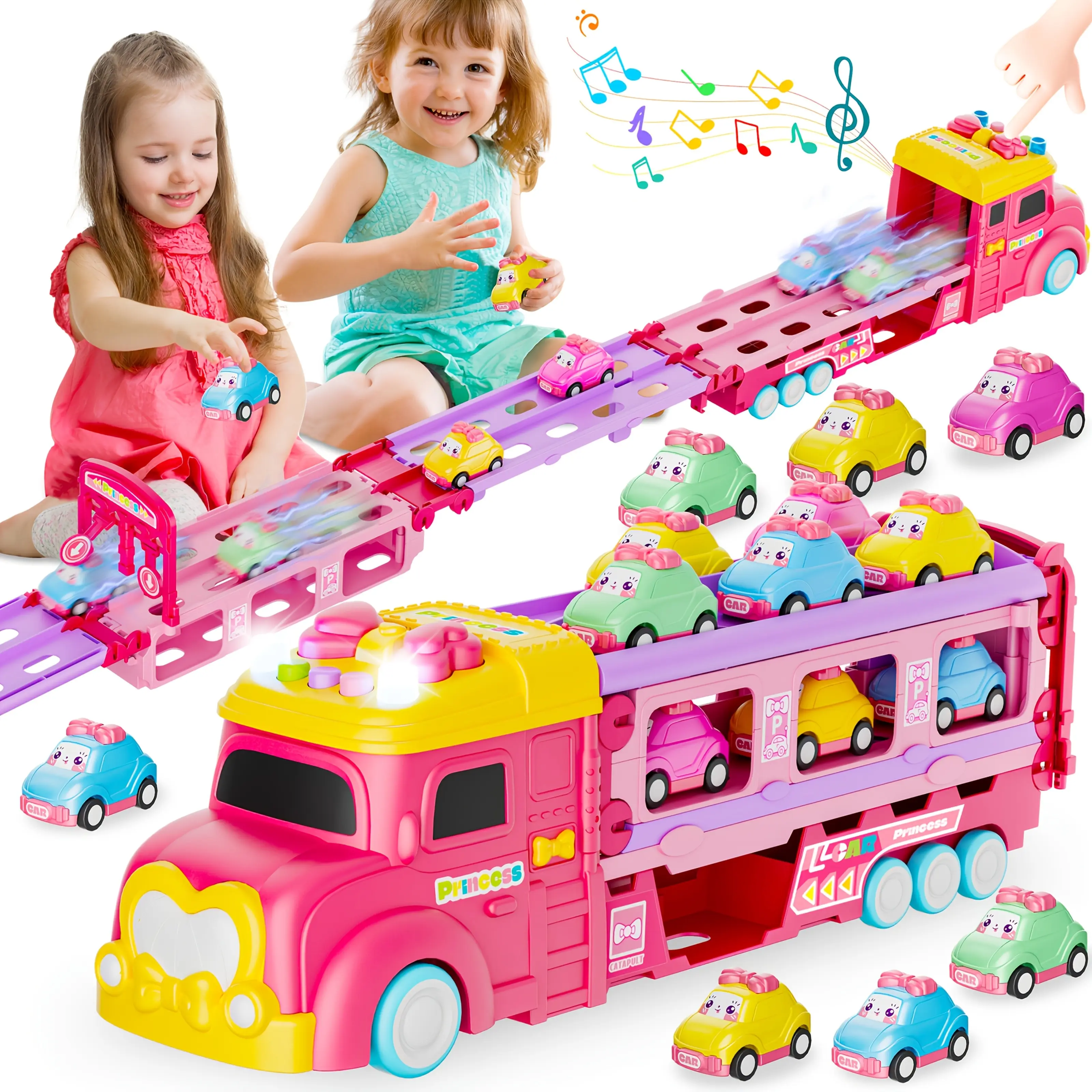 Pink Monster Toy Truck Track Set With 6 Princess Cars, Light Sound Friction Power Car ToysWith 2-Player Fold Out Track For Girls & Boys 3+, Birthday/Halloweer/Christmas Gift Suitable