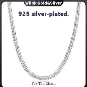 925 silver-plated Fox Tail Chain Necklace for Men, Smooth Woven Braided Herringbone Chain No Pendant, Skin Friendly Anti-Tangle Thick Silver Chain with Secure Lobster Clasp, Minimalist Daily Street Jewelry Gift 19.69/23.62 Inch