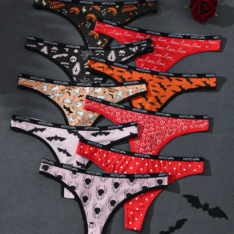 Hotcom Women's Low Waist Halloween Graphic Panties 9-Pack - Plus Size Slim-Fit Polyester Lingerie, Soft Thongs with All-Over Bat, Ghost & Skull Prints, Feminine Items for Women, for Halloween Party & Everyday Wear