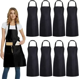 8 Pack Bib Aprons Bulk - Unisex Black Commercial Apron with 2 Pockets for Kitchen Crafting BBQ Drawing Cooking