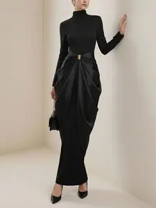 Elegant Long Sleeve Button Front Drape High Neck Maxi Fitted Dress, Women's Spring & Fall Fashion, Womenswear, Comfortable & Stylish, Perfect for Casual & Formal Occasions
