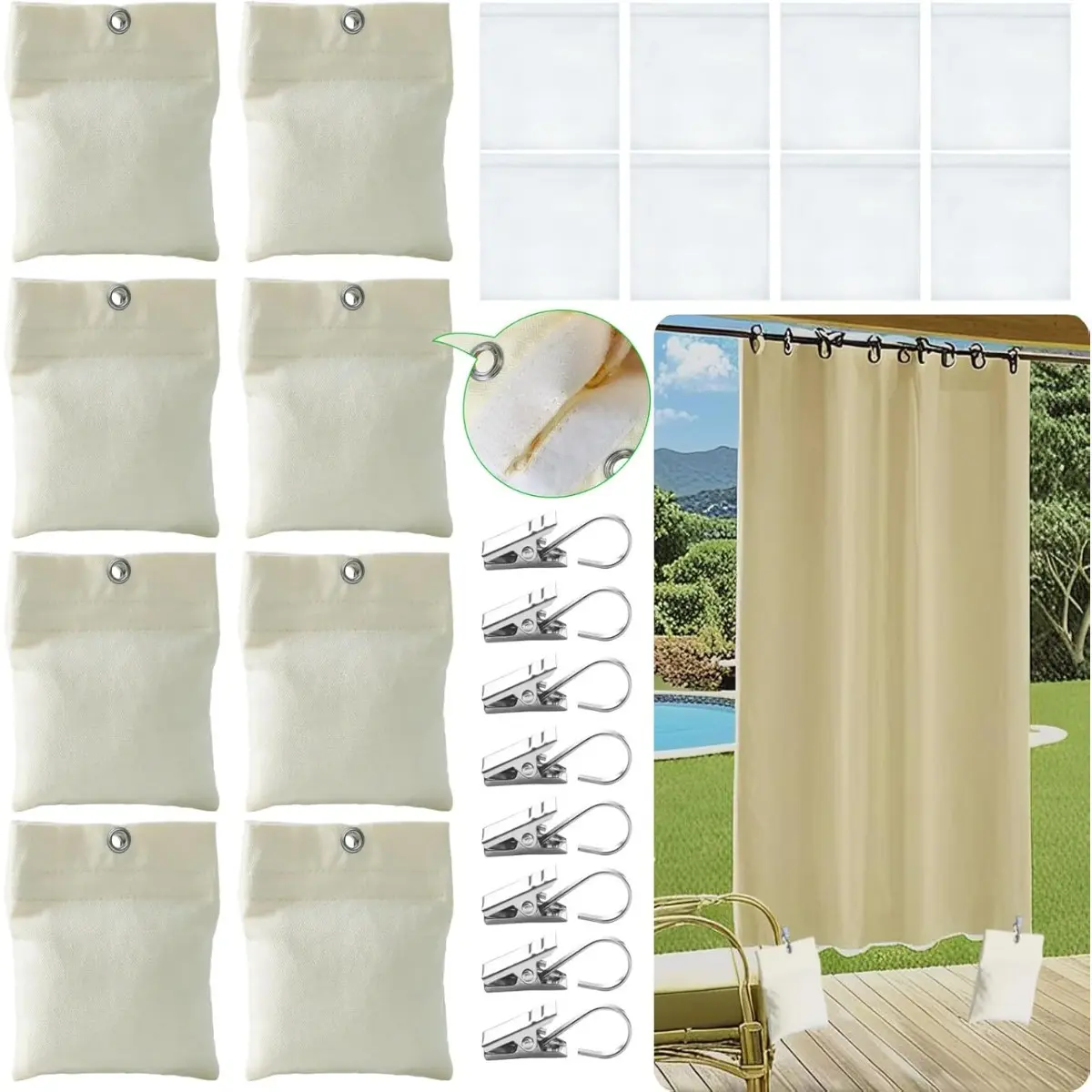 8 pcs set outdoor curtain counterweight, windproof sandbag curtain clip, durable and easy to install, used for pergola curtains, cabana pavilions, gardens