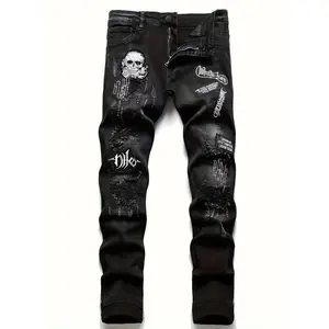 Men's Skull Embroidery Slim Fit Jeans - Street Style Distressed Denim Pants with Stretch, Machine Washable, Black Casual Winter Pants for Adults