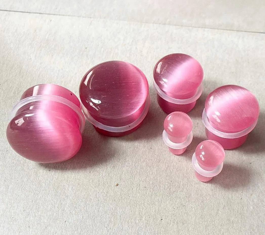 PAIR Unique Pink Cat Eye Stone Single Flare Plugs with O-Rings Tunnels Earlets Gauges Body Jewelry