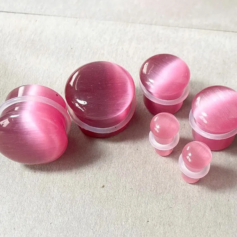 PAIR Unique Pink Cat Eye Stone Single Flare Plugs with O-Rings Tunnels Earlets Gauges Body Jewelry