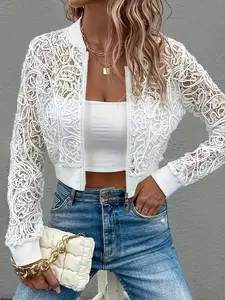 Spring Summer Sheer Lace Cropped Fitted Bomber Jacket Coats Women | Full Zip Stand Collar Crochet Lace | Coquette Romantic Elegant Casual Style for Date Night Vacation Party