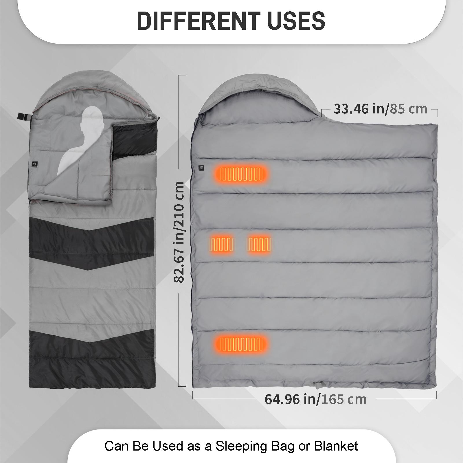 Rectangular Heated Sleeping Bag, Lightweight Sleeping Bag with Multi USB Powered Heating Pads, Waterproof Compact Envelope Sleeping Bag for Backpacking Hiking, Gray