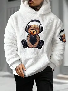 Men's Cartoon Bear Embroidery Plush Furry Paw Hoodie, Loose Casual Comfy Thermal Warm Long Sleeve Kangaroo Pocket Design Hooded Sweatshirt for Daily Wear, Men's Clothes for Spring & Fall
