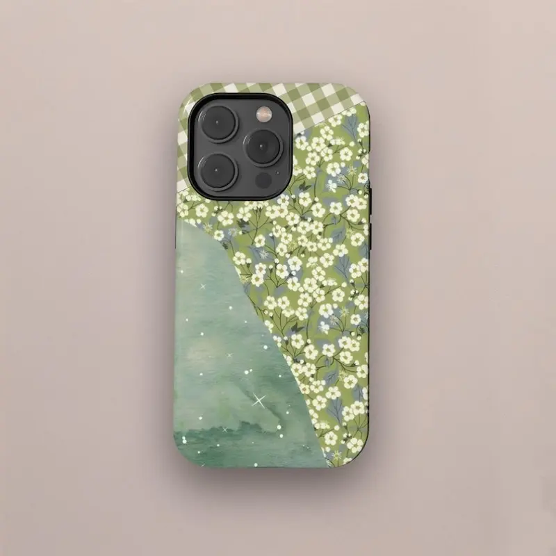 This green floral patchwork and wildflower plaid spring-themed 2-in-1 phone case features a durable, shock-absorbing, and stylish design. Compatible with iPhone 17, 16, 15, 14, 13, 12, 11 Pro Max Pro Plus, and Samsung Galaxy S25, S24, S23 Ultra.