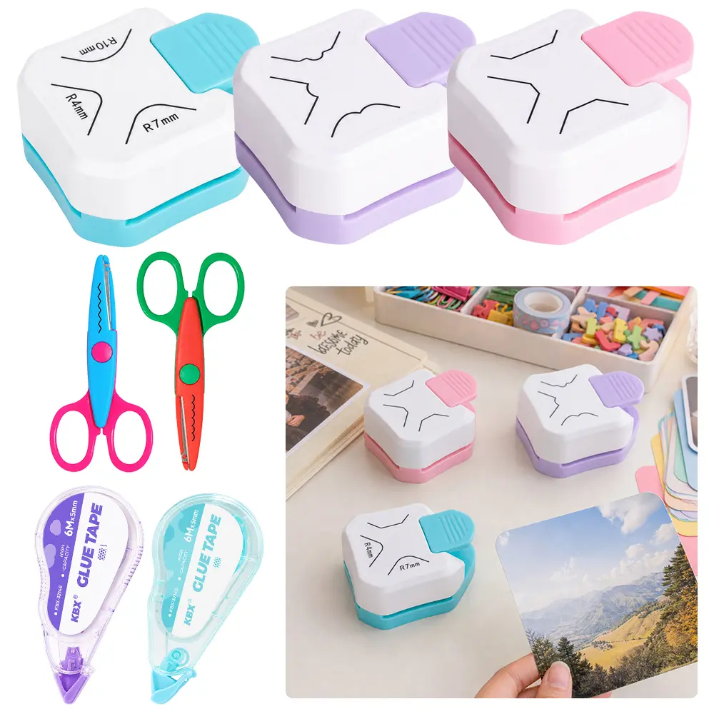 3 greeting card three in one corner cutters with 2 erasable dot glue and 2 children's lace scissors set suitable for card making, laminating, cardboard, scrapbook and paper art, business cards, etc