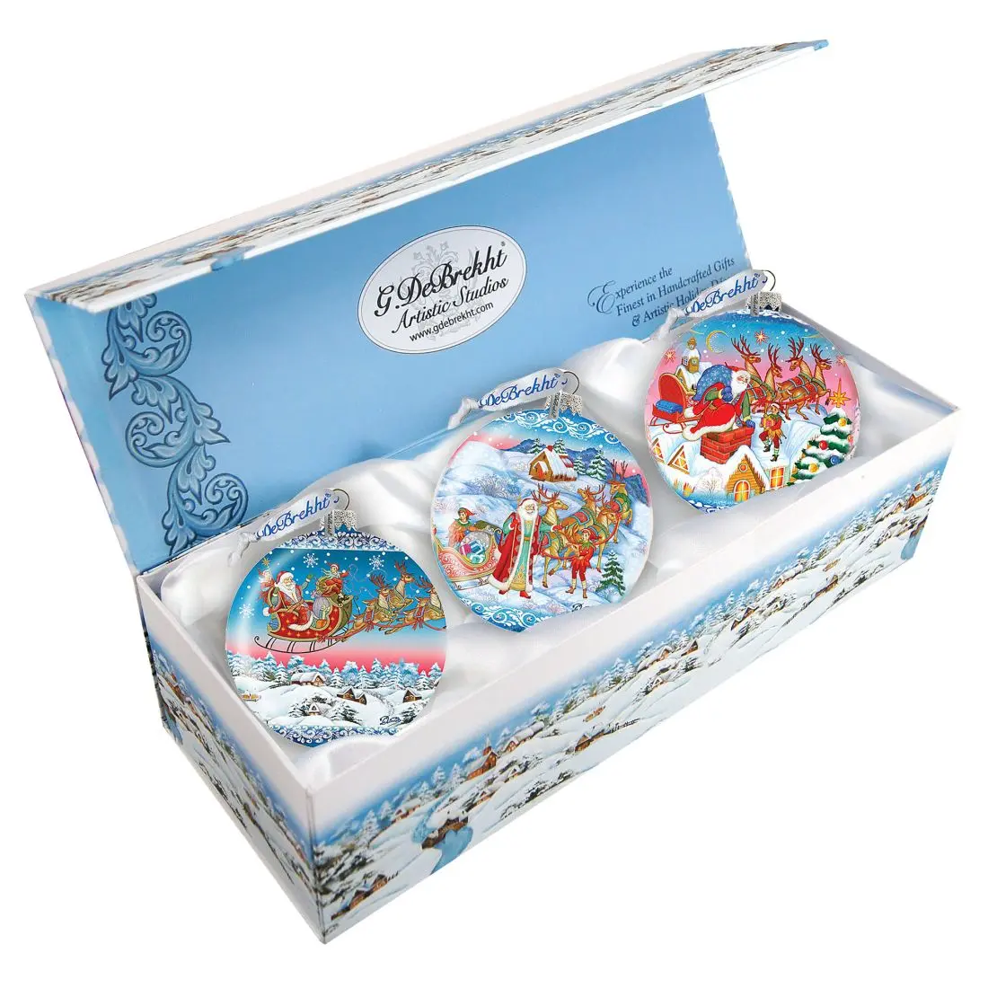 G.DeBrekht 73741-S3 Handmade Satin Ribbon-Painted "Christmas Is Coming" Deep Iridescence Mercury Glass Ornaments, 3x3.5 in., Set of 3 - Santa-Claus Themed Painting Decor, Indoor Home Supplies with Figurines & Miniatures, Gift Boxes