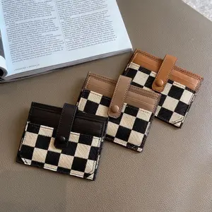 Spring women’s fashion plaid short wallet — canvas and PU leather material, snap-button design card holder, card storage coin purse, casual plaid card case, a stylish card and coin purse for women and girls