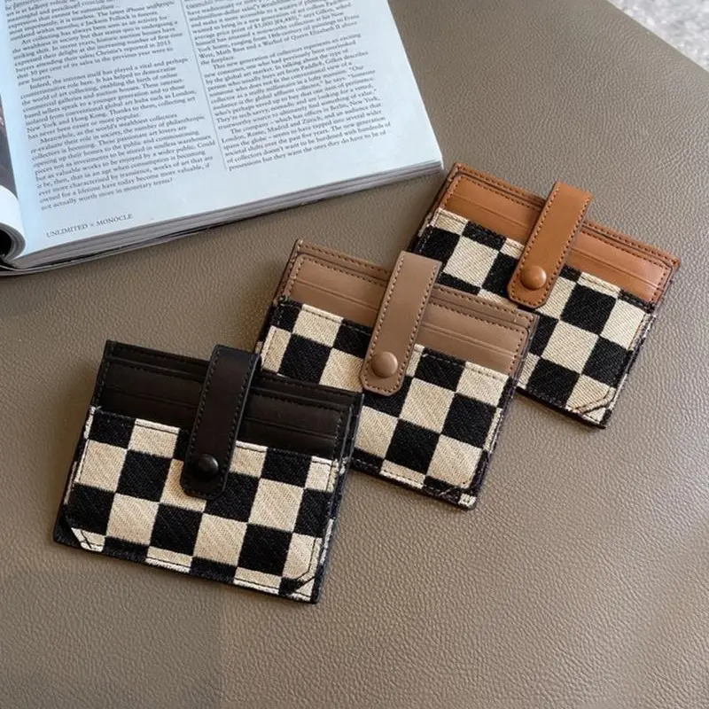 Spring women’s fashion plaid short wallet — canvas and PU leather material, snap-button design card holder, card storage coin purse, casual plaid card case, a stylish card and coin purse for women and girls