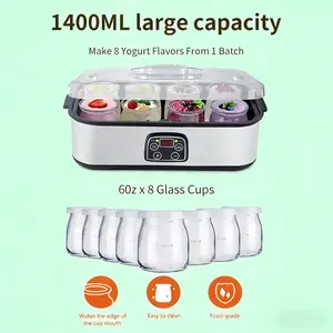 Adjustable Temp-Time Yogurt Maker with 8 Premium Glass Jars 1400ML Large Capacity 60z x 8 Glass Cups Easy to Clean Food-grade