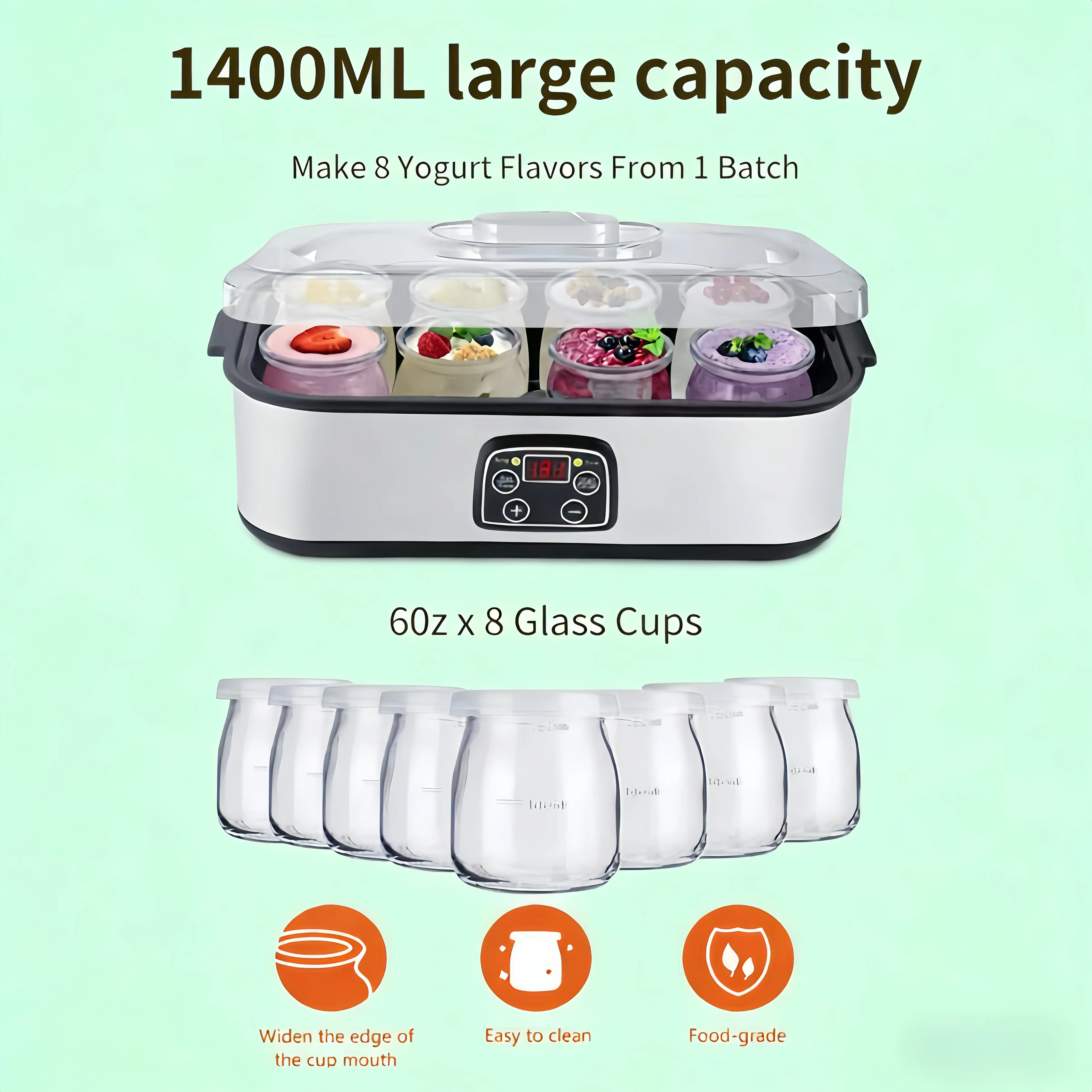 Kitchen Adjustable Temperature-Time Yogurt Maker with 8 Premium 60oz Glass Jars, 1400ML Large Capacity, Food-Grade & Easy to Clean Design, 60Z X 8 Glass Cups, 8 Glass Jars