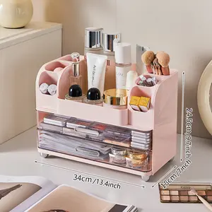 Pink light luxury makeup organizer box with compartments, durable, includes two drawers, large capacity multi-functional storage