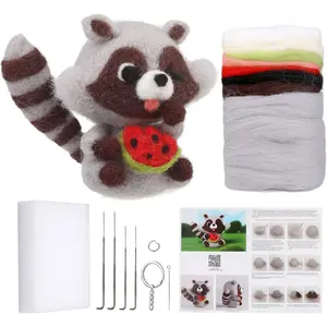 Needle Felting Kit Needle Felting Supplies Raccoon Animal with Wool Roving, Felting Needles, Foam Mat for DIY Wool Felting Projects