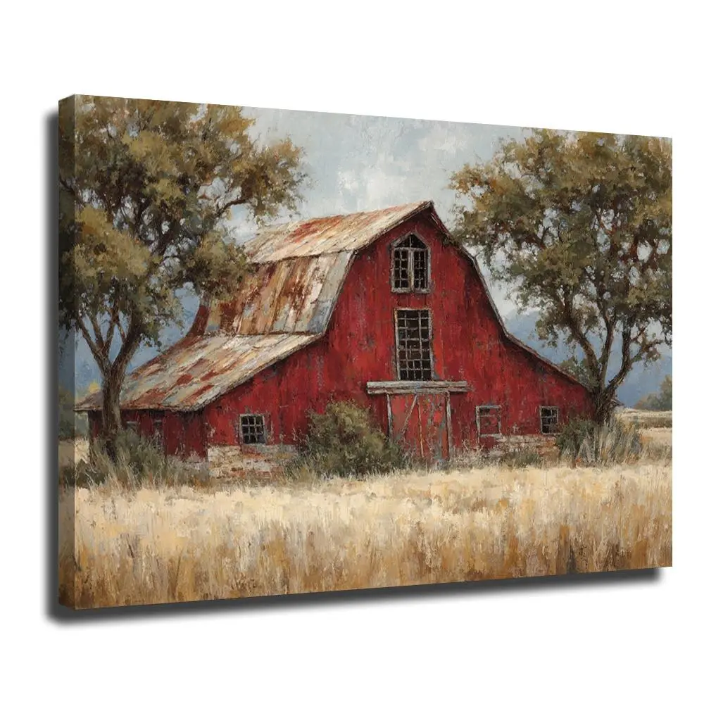 Rustic Farm Barn Landscape Wall Art Canvas Prints for Living Room Bedroom Home Decor Farmhouse Style Cottagecore Aesthetic Gallery Wrapped