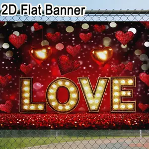 2D flat banner, 1pcLOVE Marquee Light Backdrop, Red Gold Hearts Party Decor, Romantic Celebration Bokeh Lights Background for Valentines/Wedding Decor