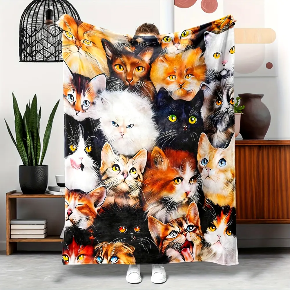 Cat Lover Blanket, Crazy Cat Lady Gift, Multiple Cat Faces Throw Blanket, Cute Kitty Blanket for Women Men, Funny Animal Print Fleece Blanket, Cozy Soft Blanket for Couch Bed Home Decor, Pet Lover Birthday Christmas Gift