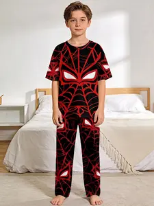 Spider Web Cool Hero 2-Piece Boys' Digital Print Short-Sleeve Pajamas with Long Sleep Pants, a stylish, trendy, casual, comfortable and soft pajama set, suitable for boys' sleep and home leisure, a perfect gift for boys