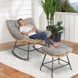 [Live] PhivillaOutdoor Rocking Chair with Footstool, Papasan Egg Chair with Thick Cushion, Large Lounge Chair for Patio, Balcony, Garden, Porch and Indoor Ergonomic Aesthetic Live