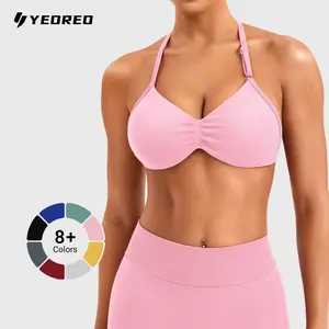 YEOREO SoftHue Women's Strappy Halter Sports Bra Padded Gym and Workout Yoga Top Greenish