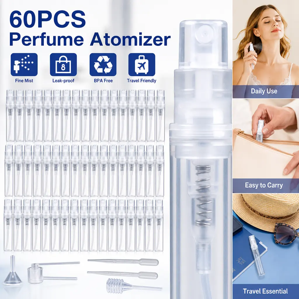 Pack of 60 Perfume Atomisers – 2 ml Mini Spray Bottles, Transparent Refillable Perfume Atomizer, Small Plastic Bottle for Travel, On the Go Perfume Dispenser for Purse, Gym, Vacation