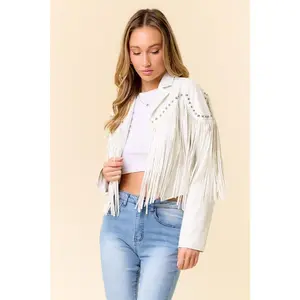 Callie Fringe Faux Leather Stud Detail Jacket - White