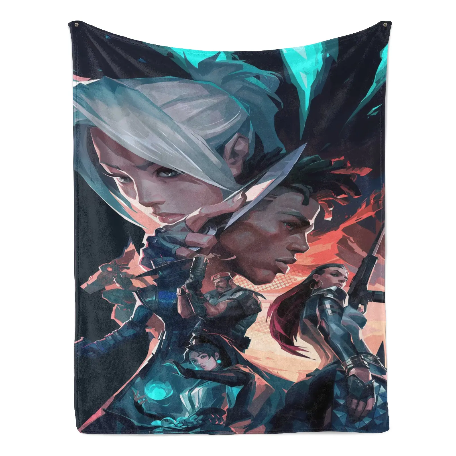 VALORANT Agent-themed flannel throw blanket—featuring characters such as Jett, Phoenix, Sage, Brimstone, and Reyna; blending fantasy art styles, it makes a perfect gift for gamers and serves as a stylish accent for sofas, bedrooms, or dorm rooms.