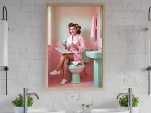 Retro Bathroom Wall Art, Woman Reading Newspaper, Pink and Mint Green Decor, Quirky Vintage Art Print, Funny Bathroom Décor