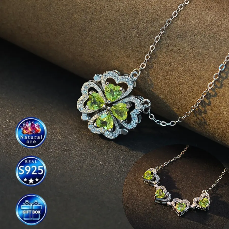 Women's Elegant S925 Silver 4-Heart Clover Necklace with Natural Peridot, 2-in-1 Convertible Gemstone Pendant, 4-Piece Anniversary Gift for Females