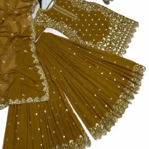 Premium Quality Embroidery Sarara Kurta Set in Gorgatte Fabric with Intricate Gold Accents and Elegant Pleats