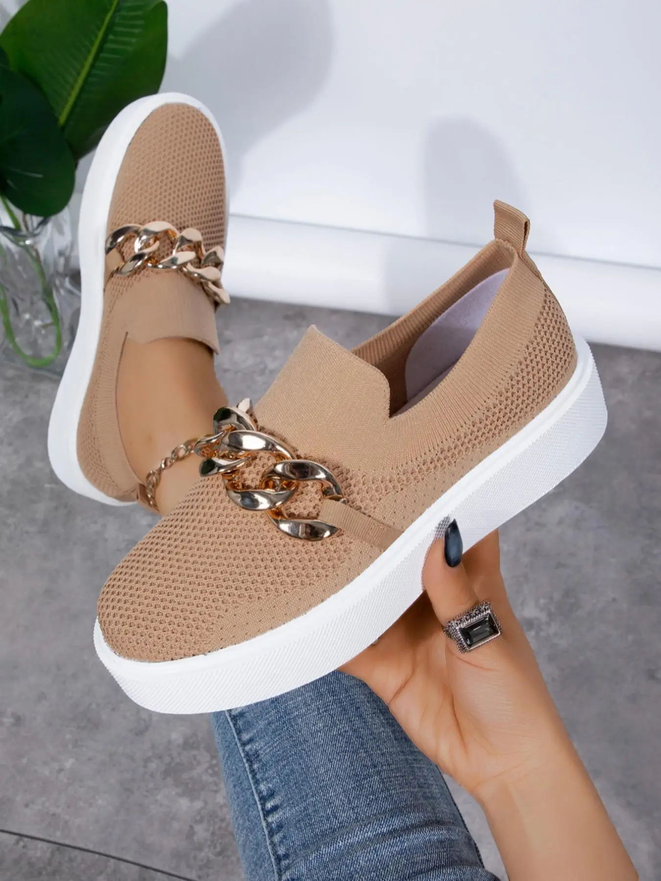 Women's Fashionable Chain Decorated Slip on Mesh Breathable Sneakers, Casual Comfortable Low Top Shoes for Daily Wear, Female All-match Round Toe Shoe