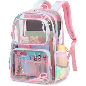 L-B055  Pink Clear Backpack for Girls Heavy Duty Clear Bookbag, See Through Backpack for School, Stadium Events and Concert, Transparent Backpacks