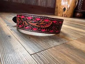 Leather Tooled Dog Collar with Pink Buckstitching