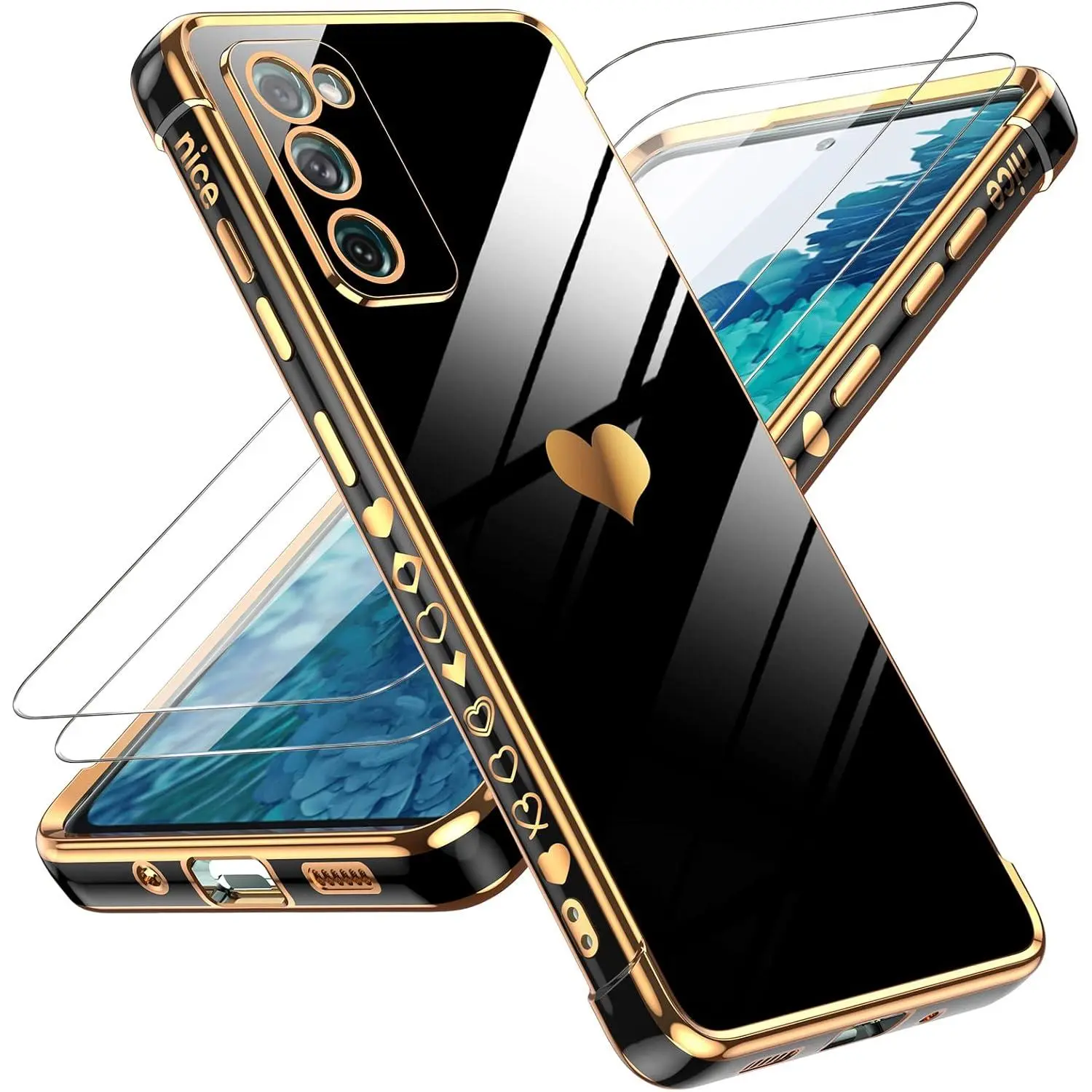 for  Galaxy S20 FE 5G Case: with Screen Protector [2 Pcs]+ Full Camera Protection, Love Heart  Girly Women Cute Luxury Soft TPU Case for S20 FE, Black